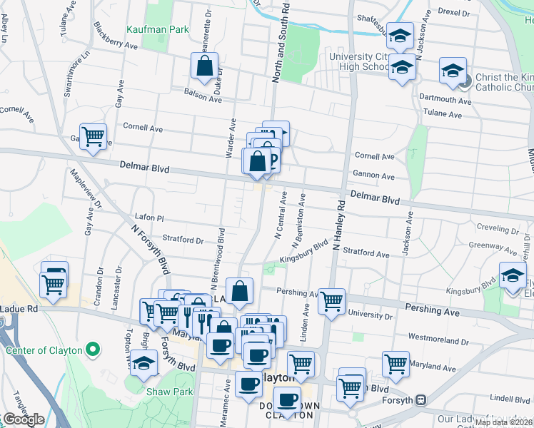 map of restaurants, bars, coffee shops, grocery stores, and more near 520 North and South Road in University City