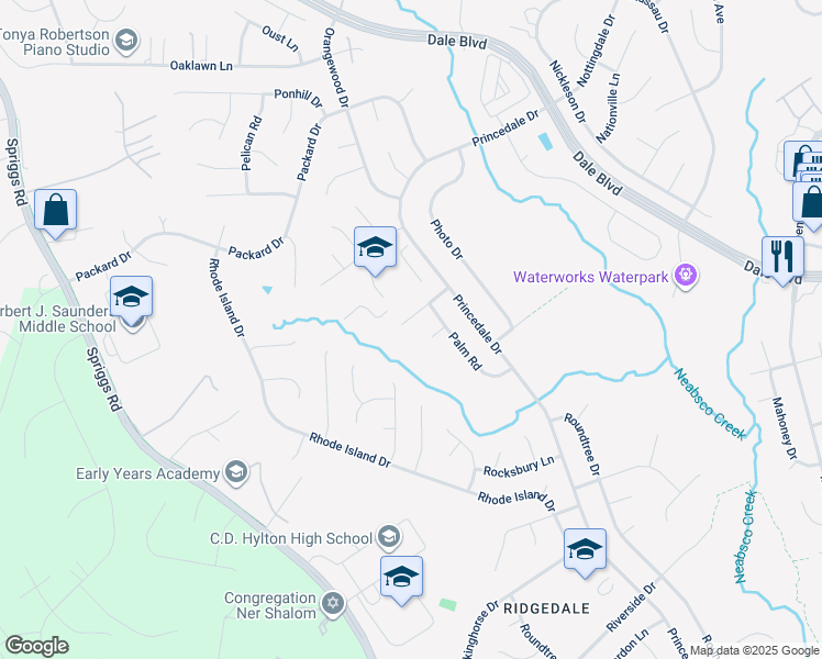 map of restaurants, bars, coffee shops, grocery stores, and more near 5881 Pontiac Drive in Woodbridge