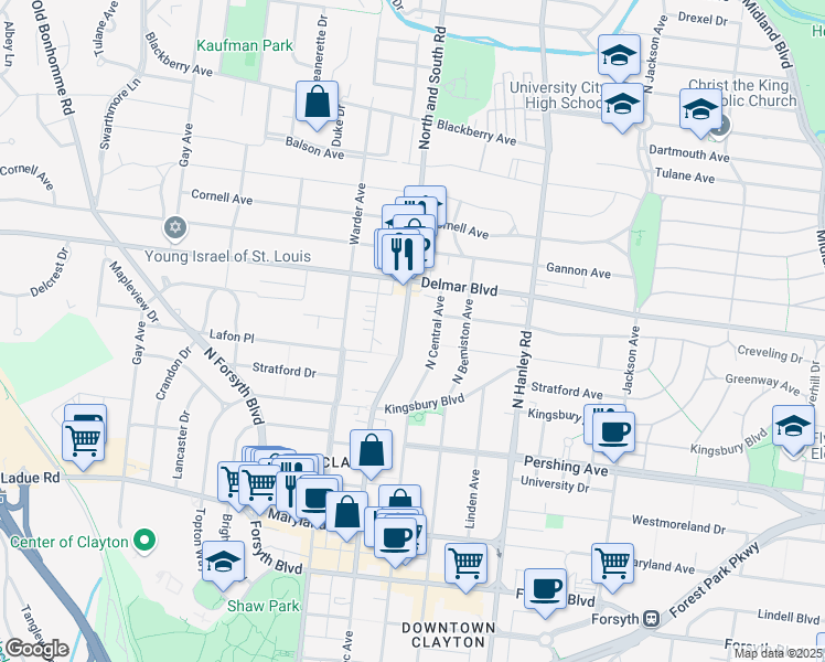 map of restaurants, bars, coffee shops, grocery stores, and more near 520 North and South Road in University City