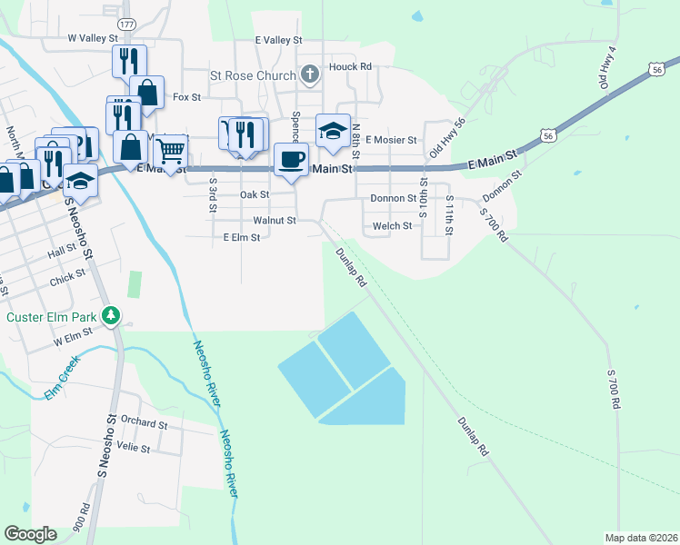map of restaurants, bars, coffee shops, grocery stores, and more near 1510 Dunlap Road in Council Grove