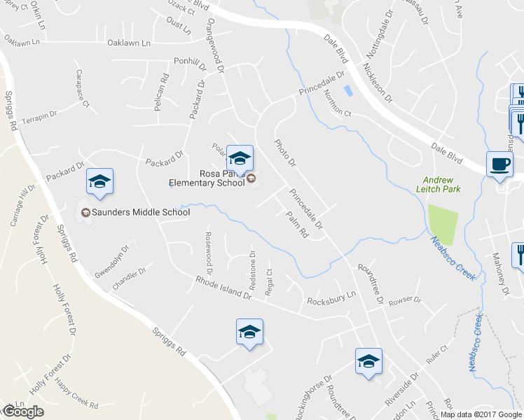 map of restaurants, bars, coffee shops, grocery stores, and more near 5881 Pontiac Drive in Woodbridge