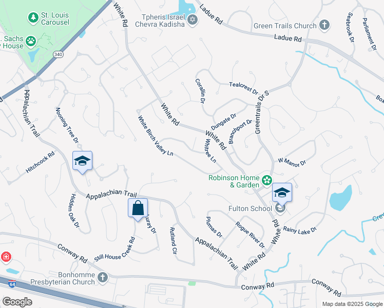 map of restaurants, bars, coffee shops, grocery stores, and more near 14424 White Pine Ridge Lane in Chesterfield