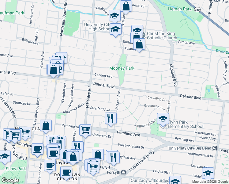 map of restaurants, bars, coffee shops, grocery stores, and more near 7429 Teasdale Avenue in University City