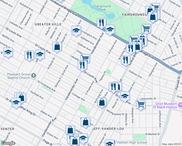 map of restaurants, bars, coffee shops, grocery stores, and more near 3829 Saint Louis Avenue in St. Louis