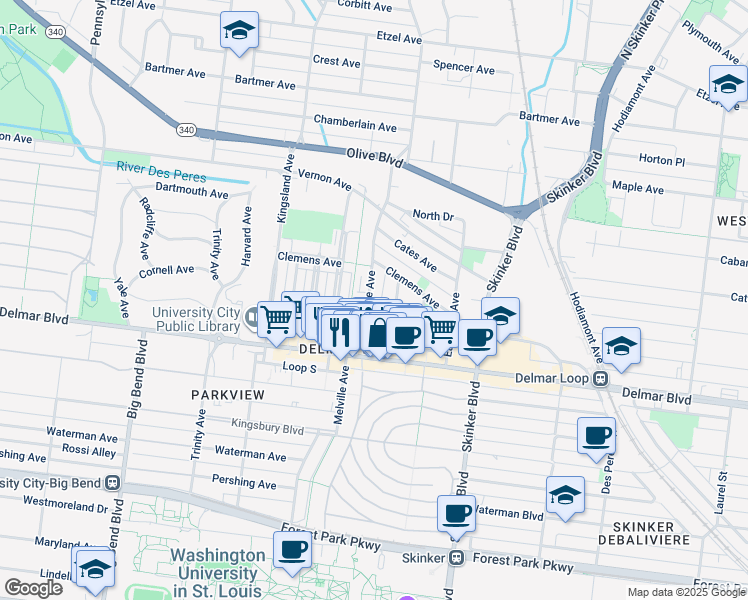 map of restaurants, bars, coffee shops, grocery stores, and more near 726 Westgate Avenue in University City