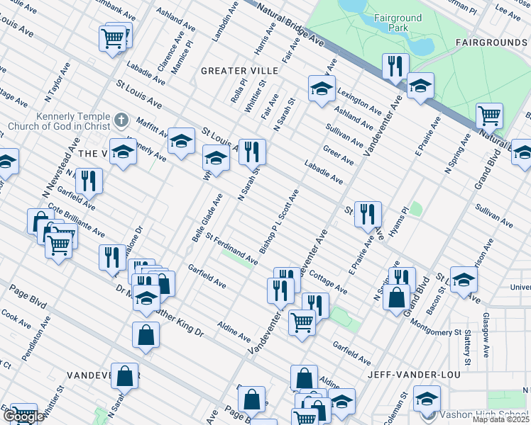 map of restaurants, bars, coffee shops, grocery stores, and more near 4024 Kennerly Avenue in St. Louis