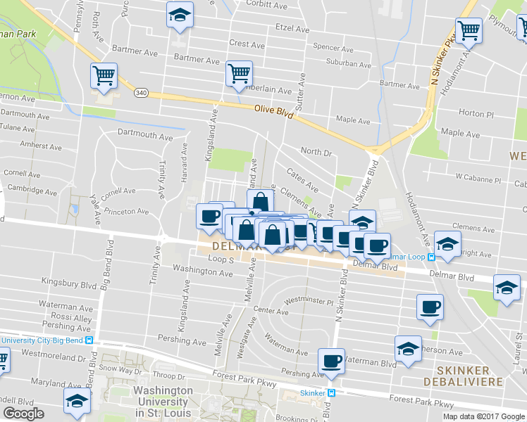 map of restaurants, bars, coffee shops, grocery stores, and more near 729 Westgate Avenue in St. Louis