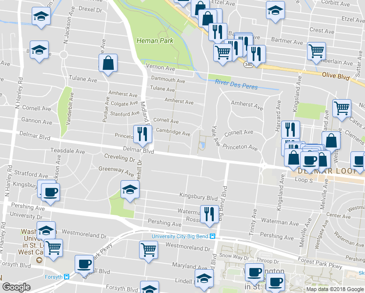 map of restaurants, bars, coffee shops, grocery stores, and more near 7114 Princeton Avenue in University City