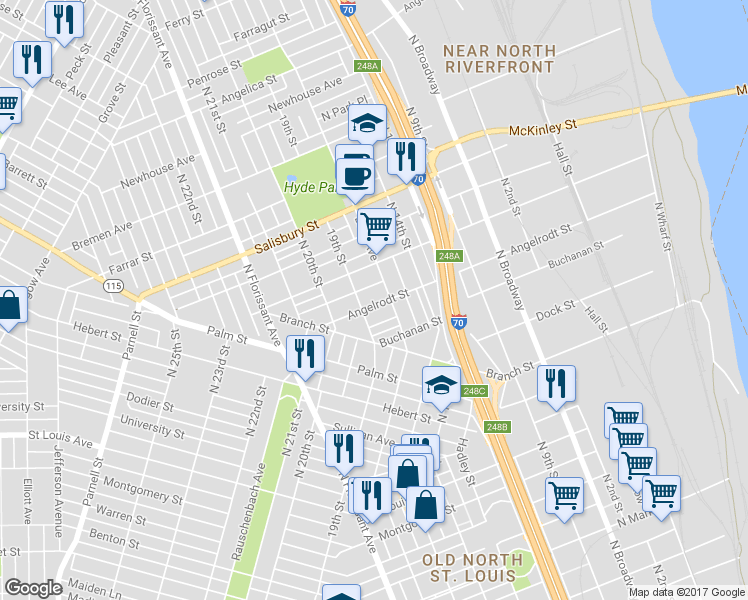map of restaurants, bars, coffee shops, grocery stores, and more near 1515 Angelrodt Street in St. Louis