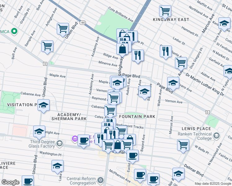 map of restaurants, bars, coffee shops, grocery stores, and more near 5000 Vernon Avenue in St. Louis