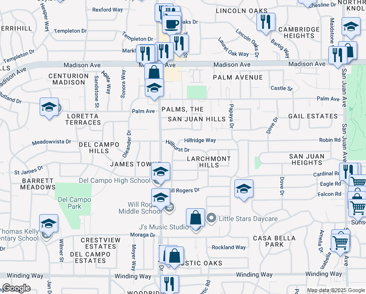 map of restaurants, bars, coffee shops, grocery stores, and more near 4978 Hillhurst Drive in Fair Oaks