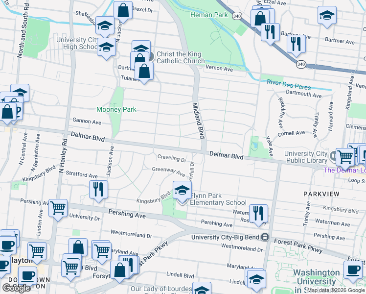 map of restaurants, bars, coffee shops, grocery stores, and more near 726 Westgate Avenue in University City
