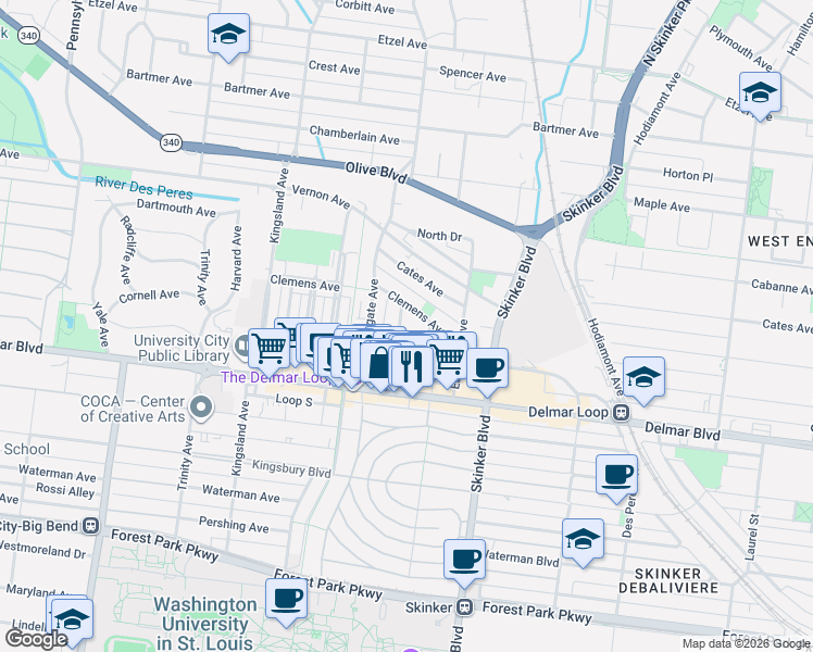 map of restaurants, bars, coffee shops, grocery stores, and more near 730 Interdrive in University City