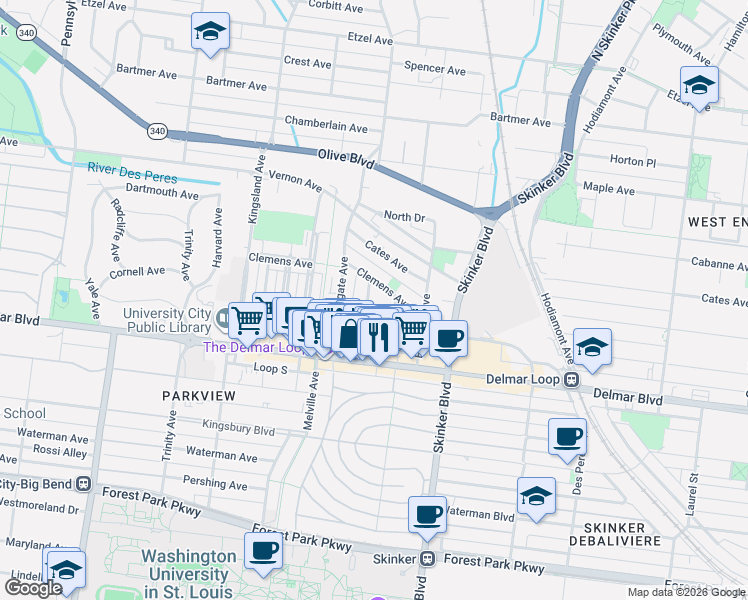 map of restaurants, bars, coffee shops, grocery stores, and more near 730 Interdrive in University City