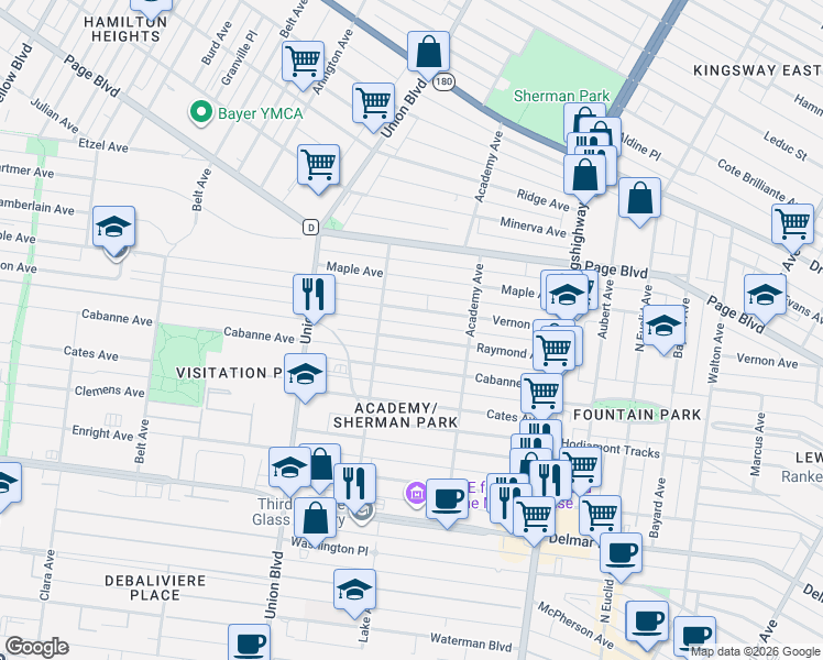 map of restaurants, bars, coffee shops, grocery stores, and more near 5163 Raymond Avenue in St. Louis