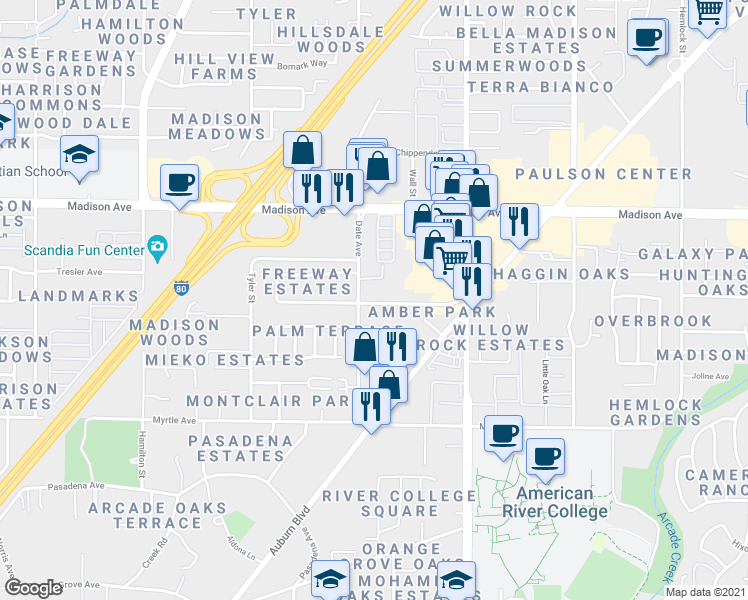 map of restaurants, bars, coffee shops, grocery stores, and more near 4709 Amber Lane in Sacramento