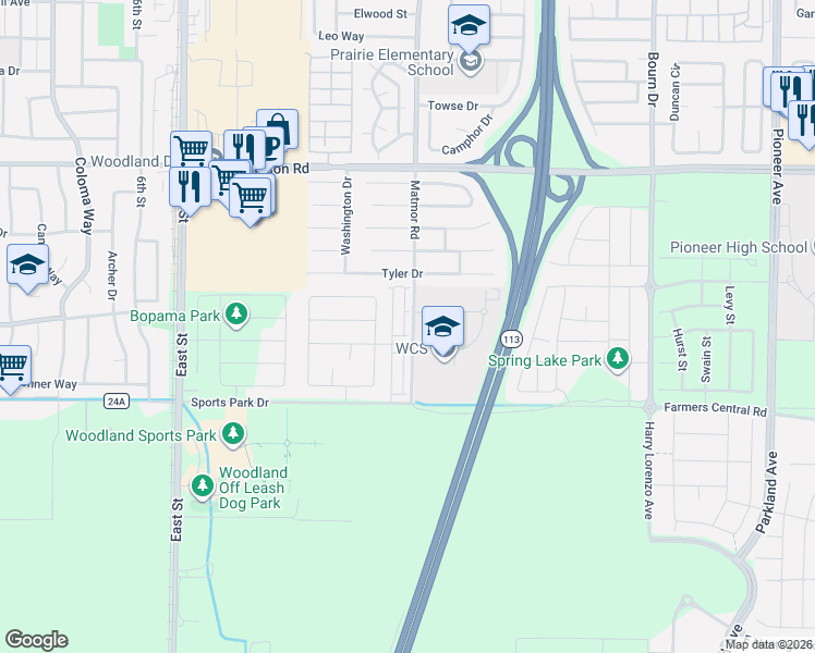map of restaurants, bars, coffee shops, grocery stores, and more near 1703 Jones Street in Woodland