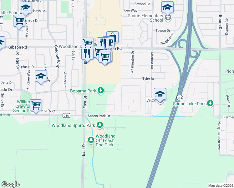 map of restaurants, bars, coffee shops, grocery stores, and more near 1700 Hoffman Street in Woodland