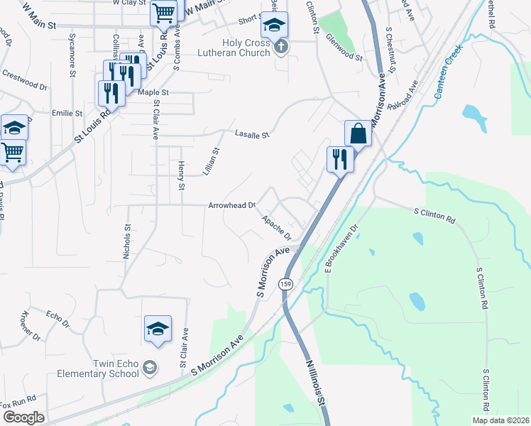 map of restaurants, bars, coffee shops, grocery stores, and more near 1002 Apache Drive in Collinsville
