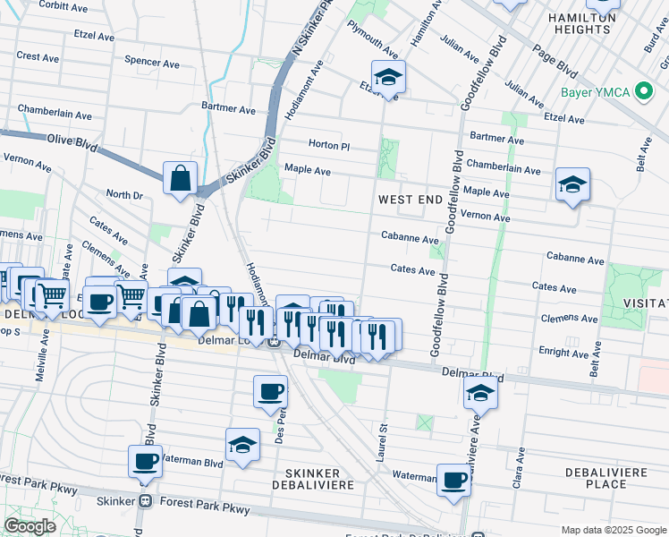 map of restaurants, bars, coffee shops, grocery stores, and more near 5922 Cates Avenue in St. Louis