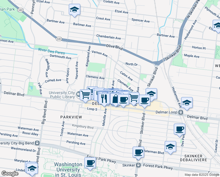 map of restaurants, bars, coffee shops, grocery stores, and more near 735 Westgate Avenue in University City