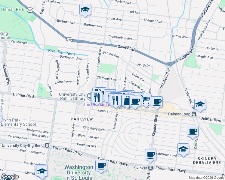map of restaurants, bars, coffee shops, grocery stores, and more near 735 Leland Avenue in University City