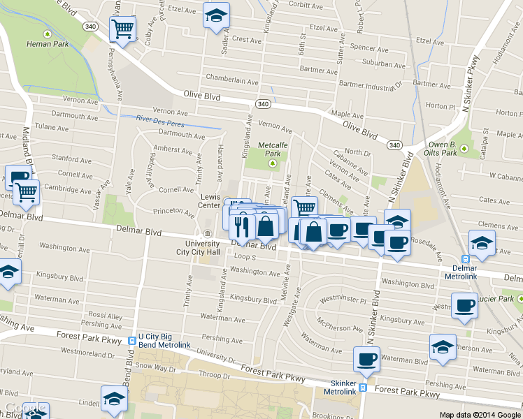 map of restaurants, bars, coffee shops, grocery stores, and more near 734 Syracuse Avenue in University City