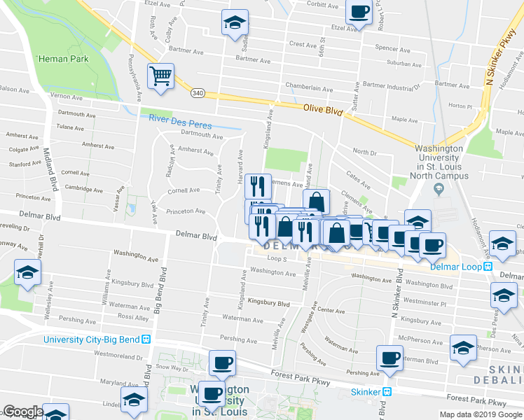 map of restaurants, bars, coffee shops, grocery stores, and more near 734 Syracuse Avenue in University City