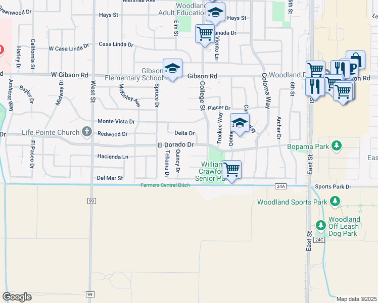 map of restaurants, bars, coffee shops, grocery stores, and more near 423 Colusa Place in Woodland