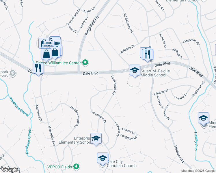 map of restaurants, bars, coffee shops, grocery stores, and more near 13623 Langtree Lane in Woodbridge