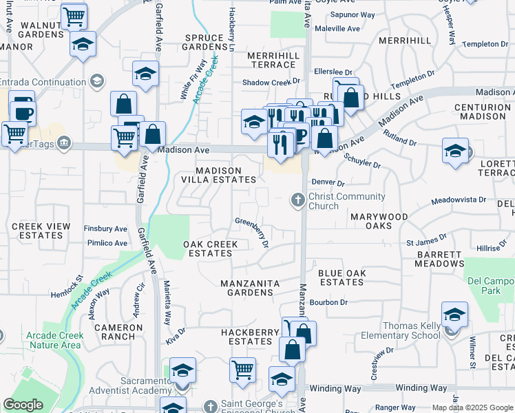 map of restaurants, bars, coffee shops, grocery stores, and more near 5136 Greenberry Drive in Sacramento