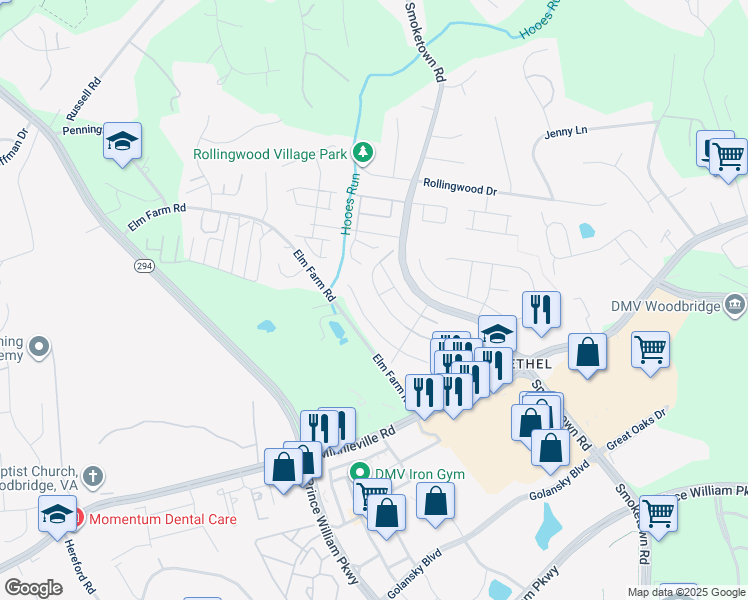 map of restaurants, bars, coffee shops, grocery stores, and more near 3503 Belfry Lane in Woodbridge