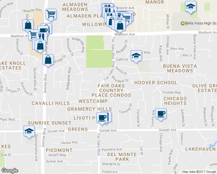 map of restaurants, bars, coffee shops, grocery stores, and more near 11330 Fair Oaks Boulevard in Fair Oaks