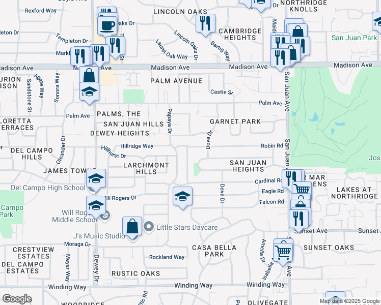 map of restaurants, bars, coffee shops, grocery stores, and more near 5044 Waterbury Way in Fair Oaks