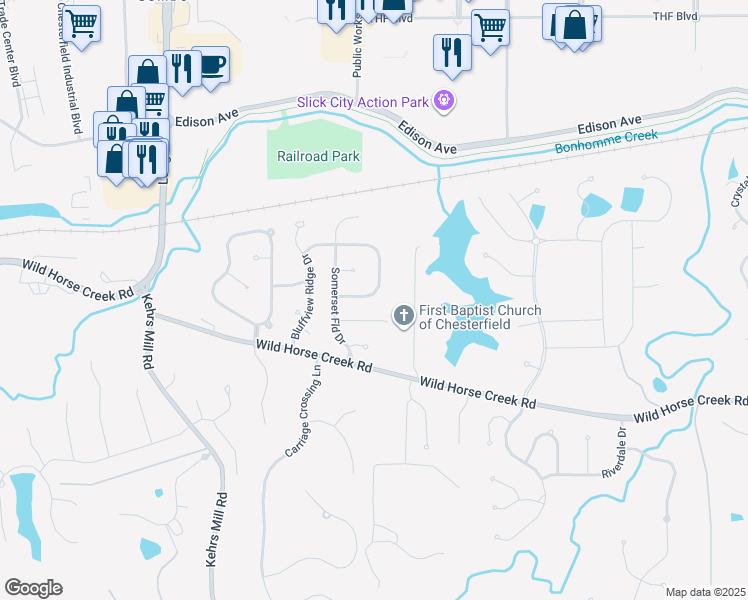 map of restaurants, bars, coffee shops, grocery stores, and more near 1244 Hillcrest Field Drive in Chesterfield