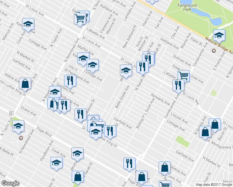 map of restaurants, bars, coffee shops, grocery stores, and more near 2510A Whittier St in St Louis