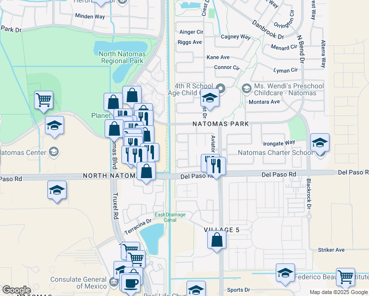 map of restaurants, bars, coffee shops, grocery stores, and more near 12 Tahoe View Court in Sacramento