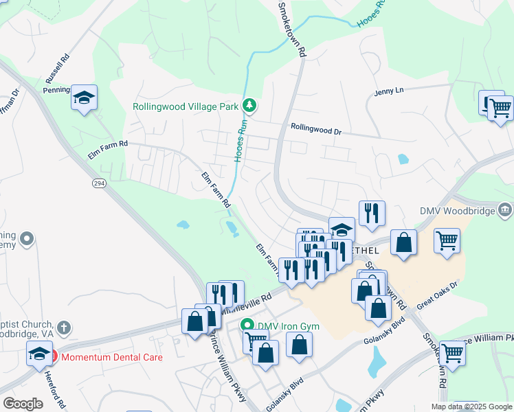 map of restaurants, bars, coffee shops, grocery stores, and more near 3503 Belfry Lane in Woodbridge