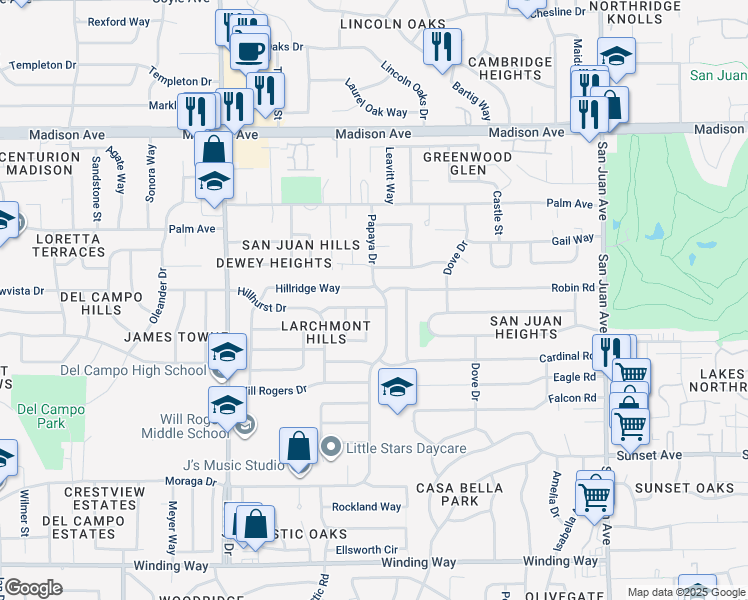 map of restaurants, bars, coffee shops, grocery stores, and more near 6905 Somerville Way in Fair Oaks