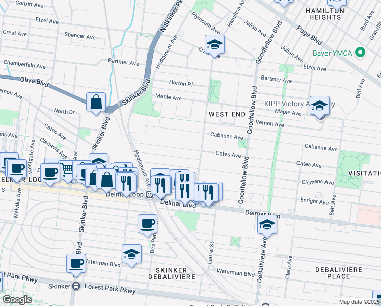 map of restaurants, bars, coffee shops, grocery stores, and more near 5922 Cates Avenue in St. Louis