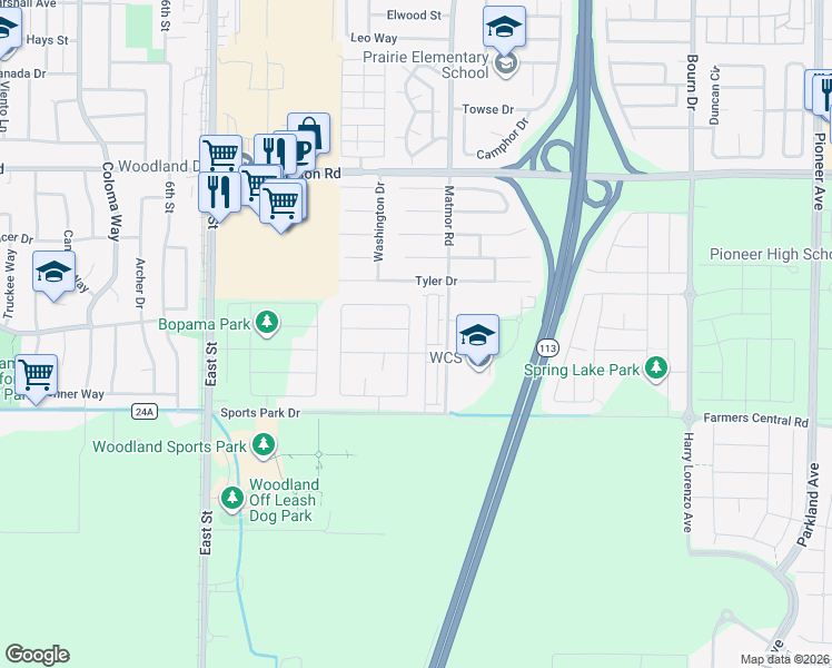 map of restaurants, bars, coffee shops, grocery stores, and more near 1703 Jones Street in Woodland