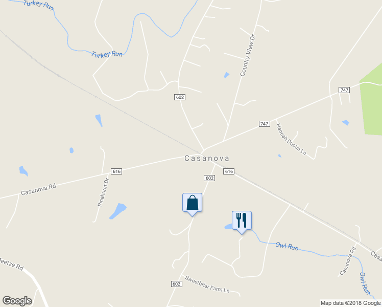 map of restaurants, bars, coffee shops, grocery stores, and more near 5162 Casanova Road in Warrenton