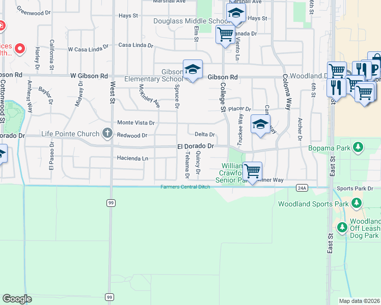 map of restaurants, bars, coffee shops, grocery stores, and more near 1709 Tehama Drive in Woodland
