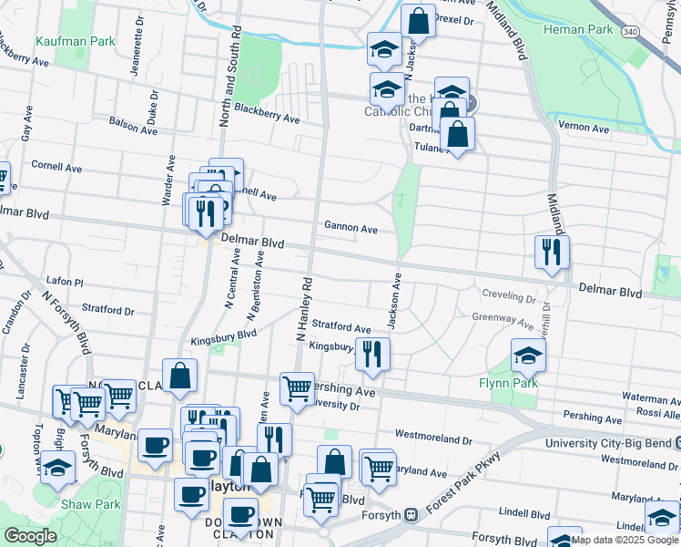 map of restaurants, bars, coffee shops, grocery stores, and more near 7461 Teasdale Avenue in University City