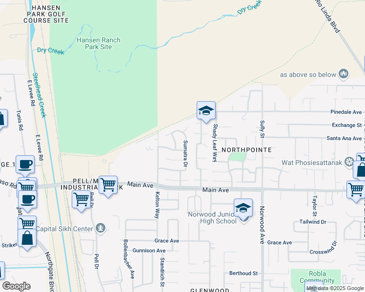 map of restaurants, bars, coffee shops, grocery stores, and more near 307 Sumatra Drive in Sacramento