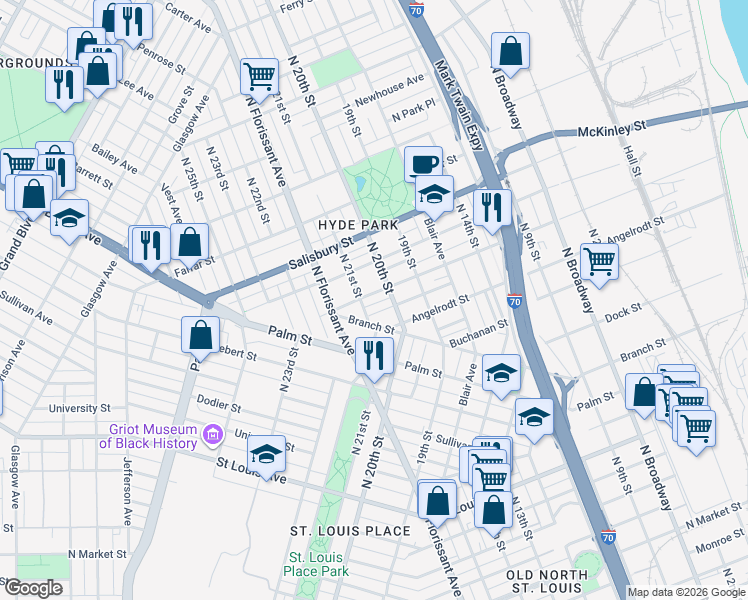map of restaurants, bars, coffee shops, grocery stores, and more near 2024 Destrehan Street in St. Louis