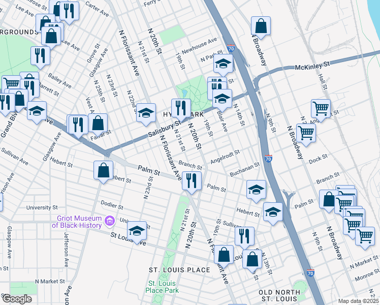 map of restaurants, bars, coffee shops, grocery stores, and more near 2024 Destrehan Street in St. Louis