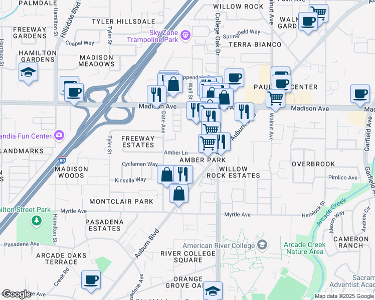 map of restaurants, bars, coffee shops, grocery stores, and more near 4735 Amber Lane in Sacramento