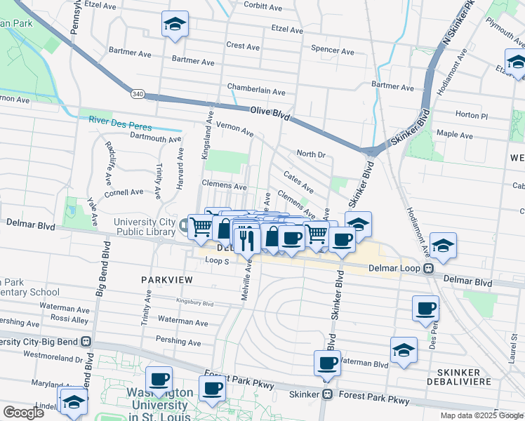 map of restaurants, bars, coffee shops, grocery stores, and more near 735 Westgate Avenue in University City