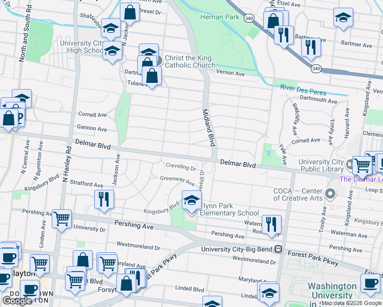 map of restaurants, bars, coffee shops, grocery stores, and more near 7243 Delmar Boulevard in University City